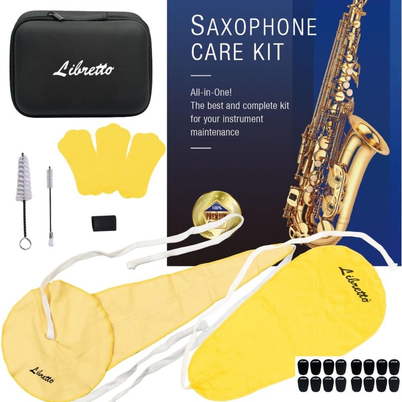 Libretto Alto Saxophone Cleaning Kit with EVA Case, Including 2 Microfiber Cleaning Swabs, 16 Mouthpiece Cushions, Mouthpiece Brush, Dust Brush, Thumb Cushion, 3 Microfiber Pad Dryers. - Image 1